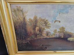 Early oil on canvas riverfront scene, 36 x 24 frame size