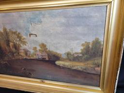 Early oil on canvas riverfront scene, 36 x 24 frame size
