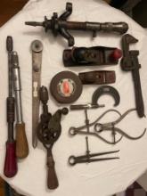 Vintage hand tools, plane, drill, c-clamp, wrench