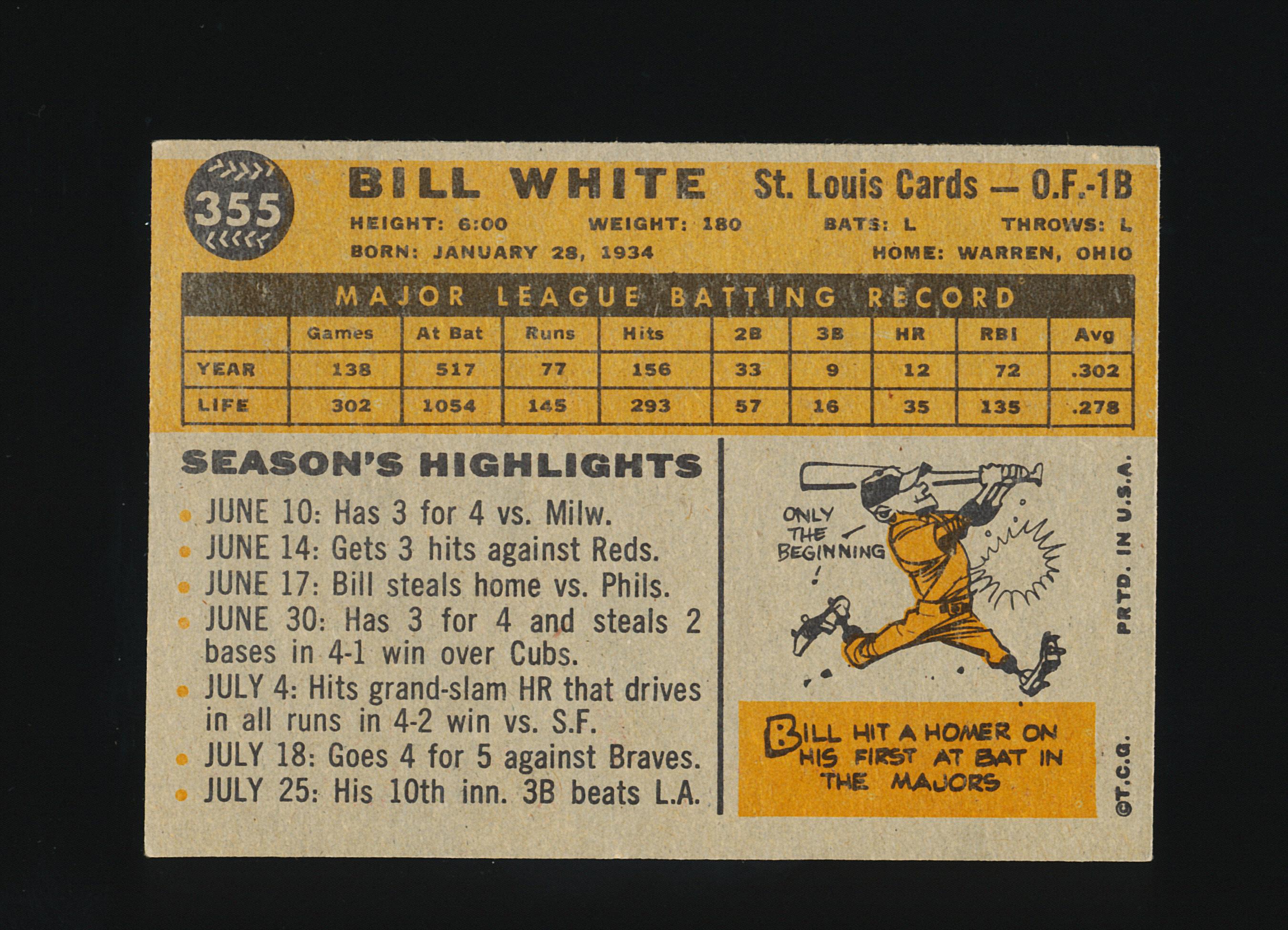 1960 Topps Baseball Card #355 Bill White St Louis Cardinals