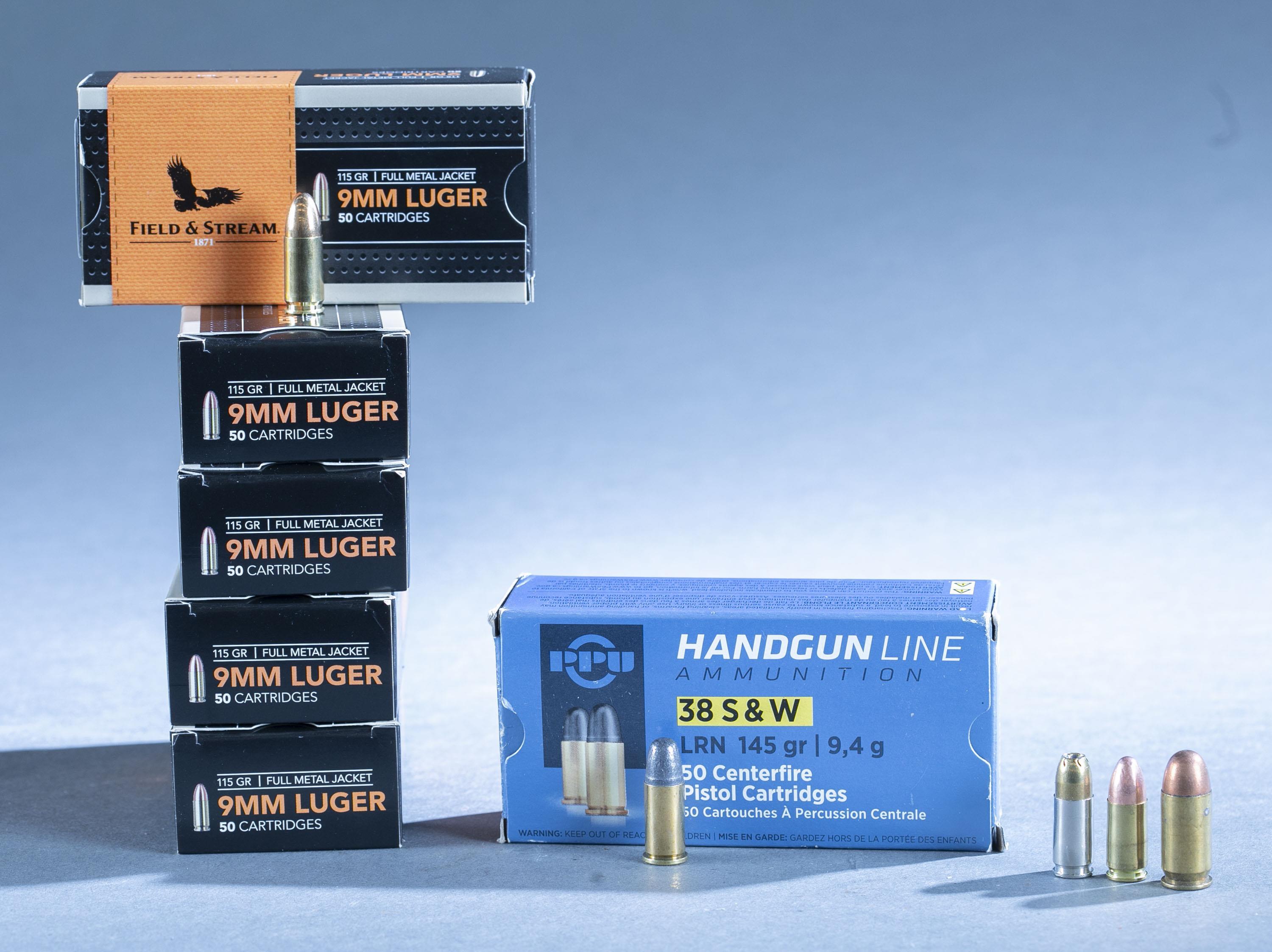 9mm, .38 S&W, .and 45 AUTO ammunition