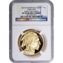Certified $50 One Ounce Gold Buffalo 2014-W PF70 NGC Early Release