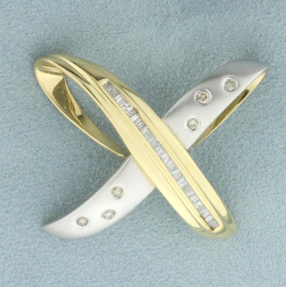 Baguette And Round Diamond X Design Slide Pendant In 14k Yellow And White Gold