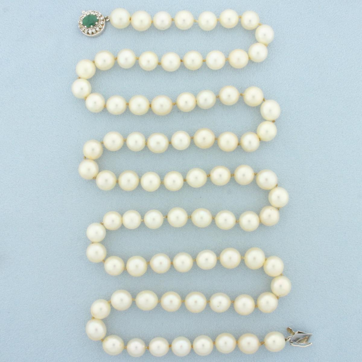 Vintage Emerald And Diamond 32 Inch Cultured Akoya Pearl Strand Necklace In 14k White Gold