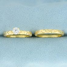 Solitaire .4ct Diamond Engagement Ring And Wedding Band Bridal Set In 18k Yellow Gold