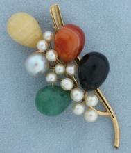 Designer Ming's Jade And Pearl Brooch Pin In 14k Yellow Gold