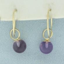 Amethyst Bead Dangle Hoop Earrings In 14k Yellow Gold