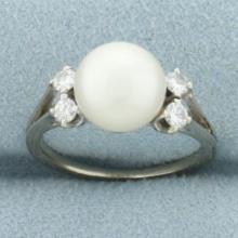 Akoya Pearl And Diamond Ring In 14k White Gold