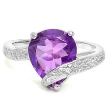 3d 4ctw Pear Cut Amethyst & Diamond Ring In Platinum Over Sterling Silver