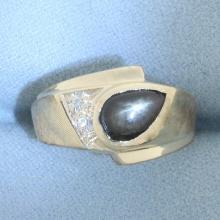 Natural Black Star Sapphire And Diamond Ring In 14k Yellow Gold