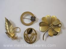 Four Gold Tone Pins including Shamrock, 1/10 10K Gold Filled Shamrock Wreath and more