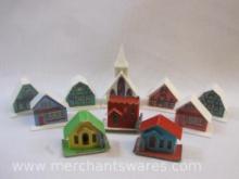 Ten Assorted Plastic and Felted Cardboard Christmas Houses and Church for String of Lights,