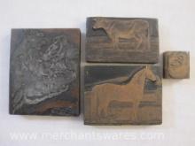 Four Antique Animal Printing Plate Blocks including cow, horse, chicks, and wildcat, 1 lb 14 oz