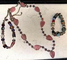 2 Glass Hand Blown Bead and Stone Necklaces and Bracelets 1950's