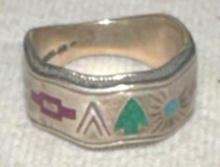 Sterling Silver Ring with Gemstone Symbols inlaid size 6