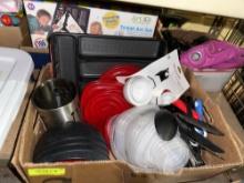 Kitchen Lot- New Kitchen Aid Measuring cups & Spoons, Rug, Utensils etc