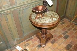 Wood Round Glass Top Table with Lamp and Wooden Bowl