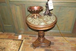 Wood Round Glass Top Table with Lamp and Wooden Bowl