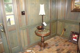 Wood Round Glass Top Table with Lamp and Wooden Bowl