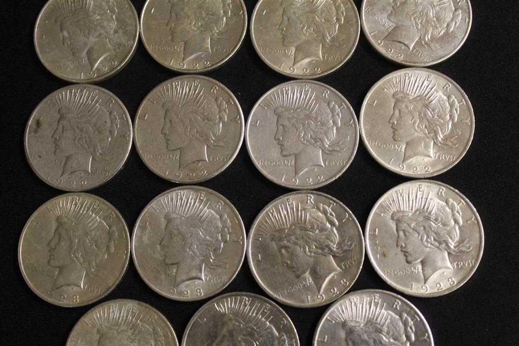 (12) 1922 SILVER DOLLARS, (6) 1923 SILVER DOLLARS, (1) 1924 SILVER DOLLAR