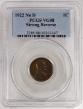 1922 No D Strong Reverse Lincoln Wheat Cent Coin PCGS VG08