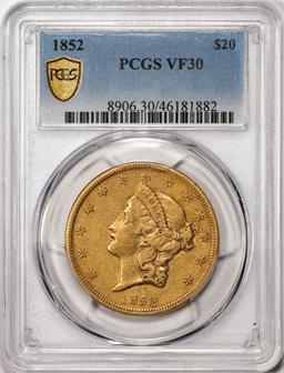 1852 $20 Liberty Head Double Eagle Gold Coin PCGS VF30