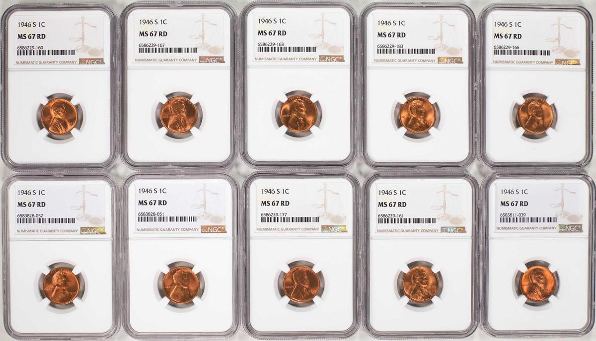Lot of (10) 1946-S Lincoln Wheat Cent Coins NGC MS67RD
