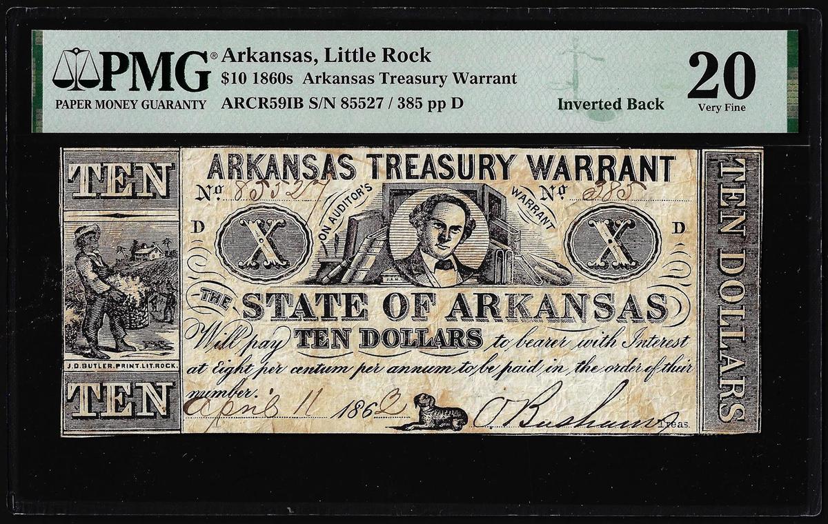 1862 $10 Arkansas Treasury Warrant Inverted Back Error Obsolete Note PMG Very Fine 20