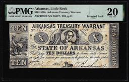 1862 $10 Arkansas Treasury Warrant Inverted Back Error Obsolete Note PMG Very Fine 20