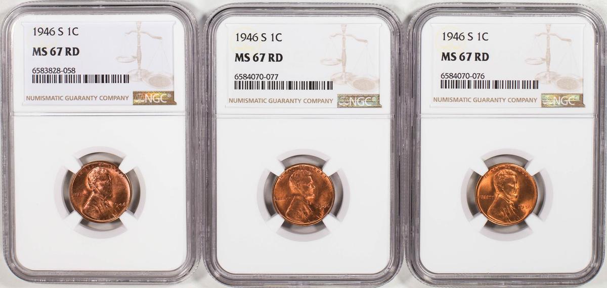 Lot of (3) 1946-S Lincoln Wheat Cent Coins NGC MS67RD