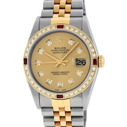 Rolex Mens Two Tone Champagne Ruby and Diamond Datejust Wristwatch