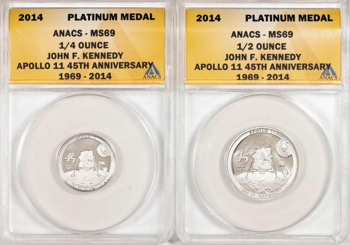 Set of 2014 Proof 1/4 oz & 1/2 oz Platinum JFK Apollo 11 Anniversary Medal ANACS MS69