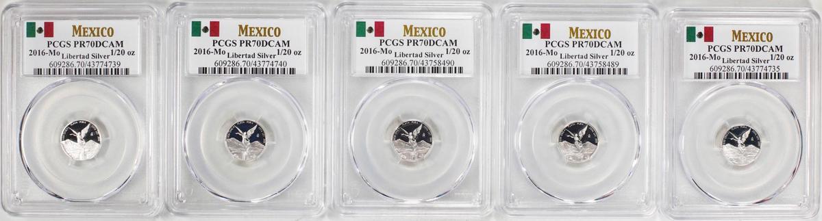Lot of (5) 2016-Mo Mexico Proof 1/20 oz Silver Libertad Coins PCGS PR70DCAM