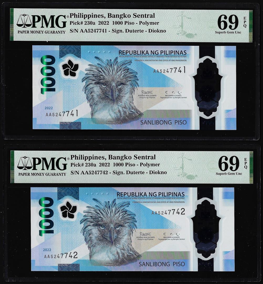 (2) Consecutive 2022 Philippines 1000 Piso Notes PMG Superb Gem Uncirculated 69EPQ