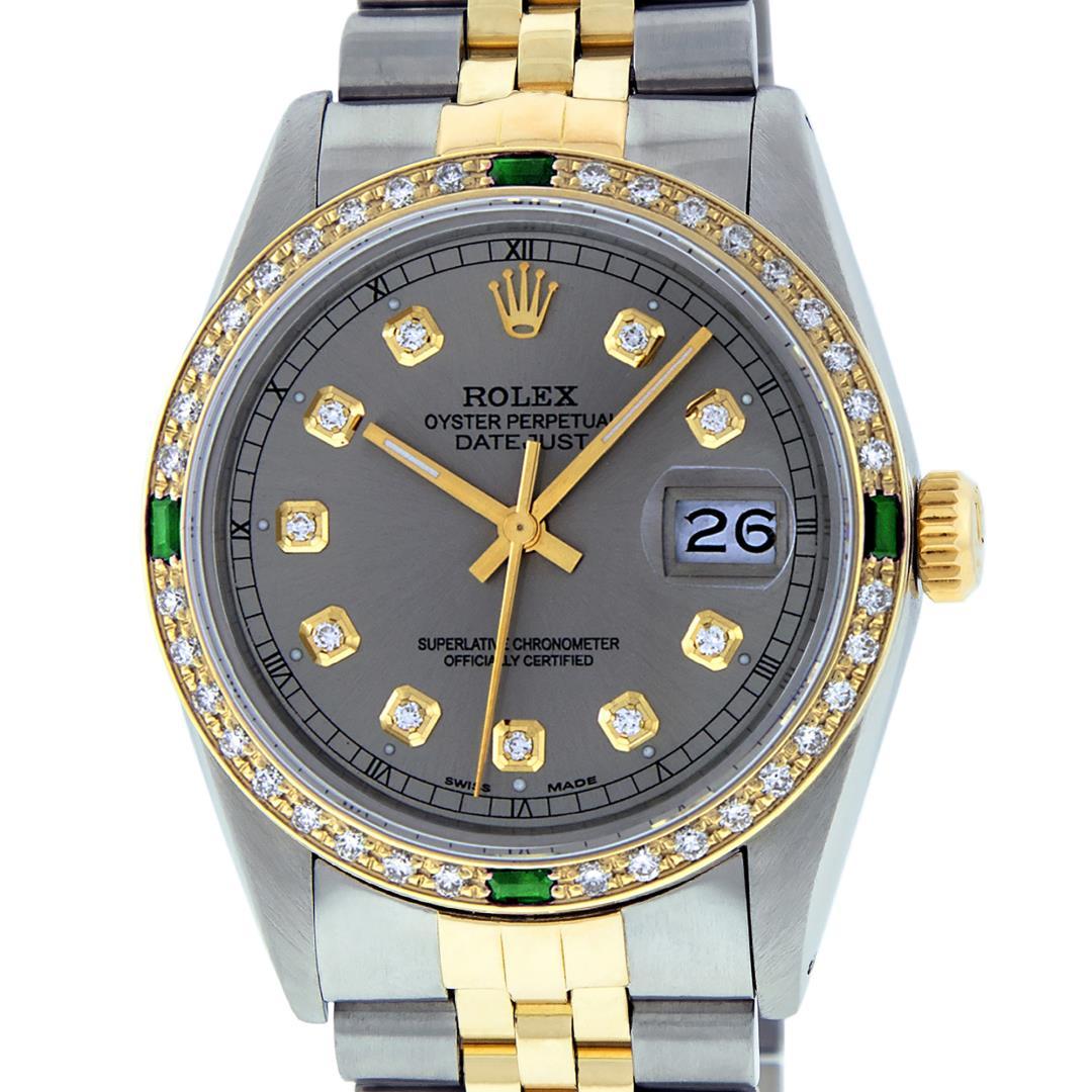 Rolex Mens Two Tone Slate Grey Emerald and Diamond Datejust Wristwatch