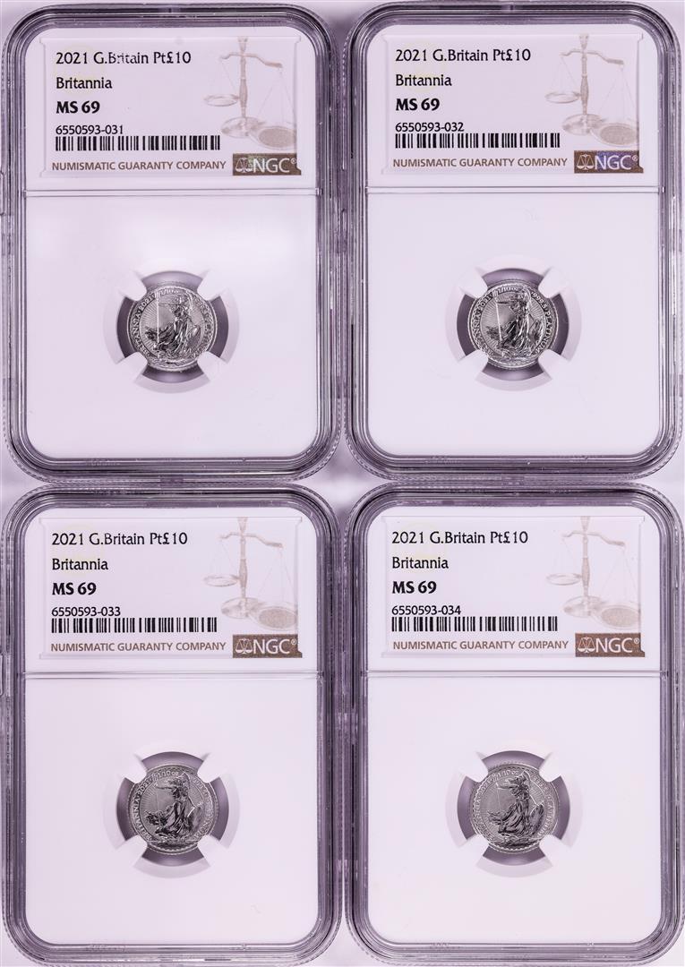 Lot of (4) 2021 Great Britain 10 Pounds Britannia 1/10oz Platinum Coins NGC MS69