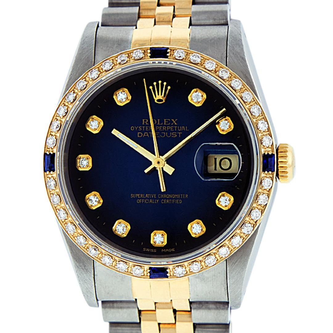 Rolex Mens Two Tone Blue Vignette Sapphire and Diamond Datejust Wristwatch