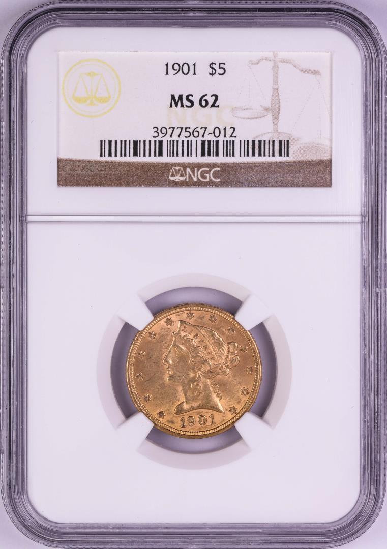 1901 $5 Liberty Head Half Eagle Gold Coin NGC MS62