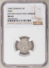 Germany 1680 Trier 4 Pfenning Johann Hugo Von Orsbeck Ancient Coin NGC MS63