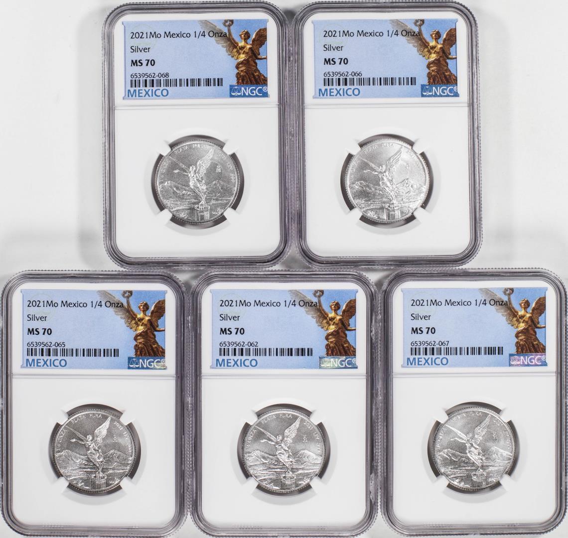 Lot of (5) 2021-Mo Mexico 1/4 oz Silver Libertad Coins NGC MS70