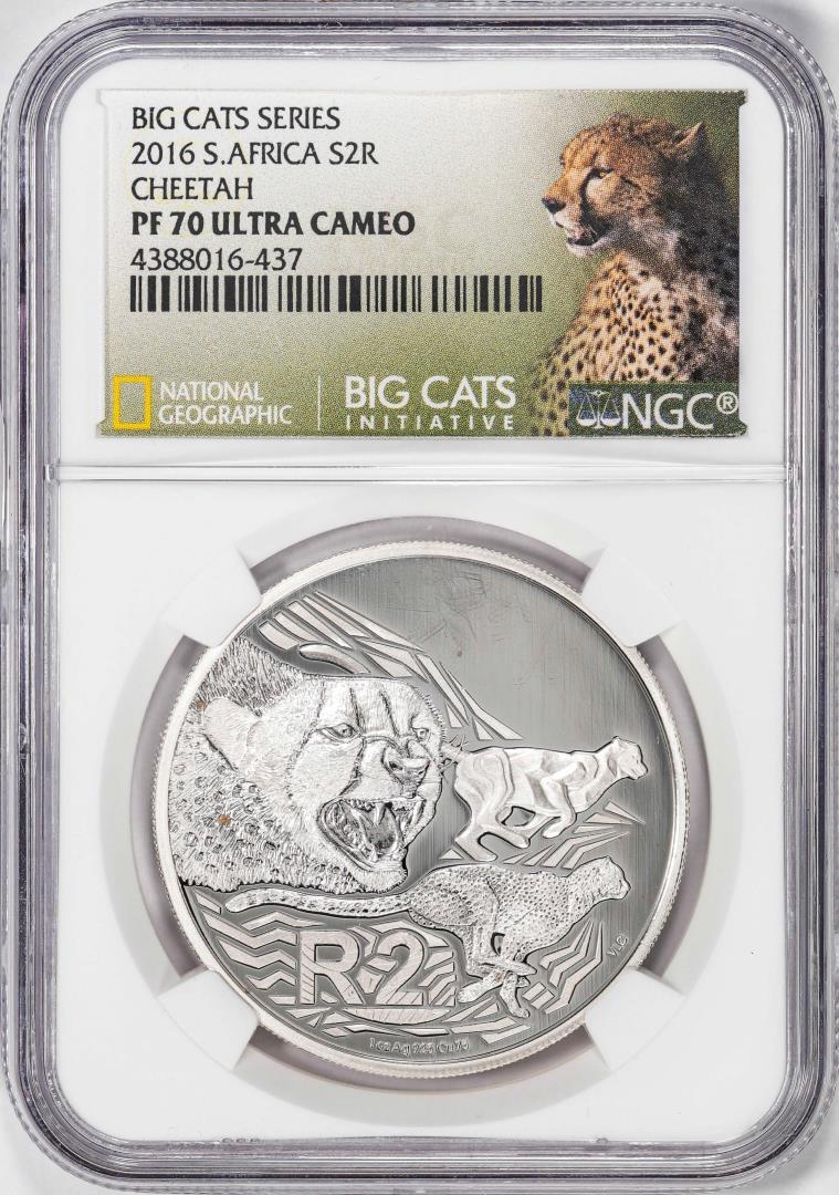 2016 S. Africa 2 Rands Cheetah Silver Coin NGC PF70 Ultra Cameo Nat Geo Big Cats Series