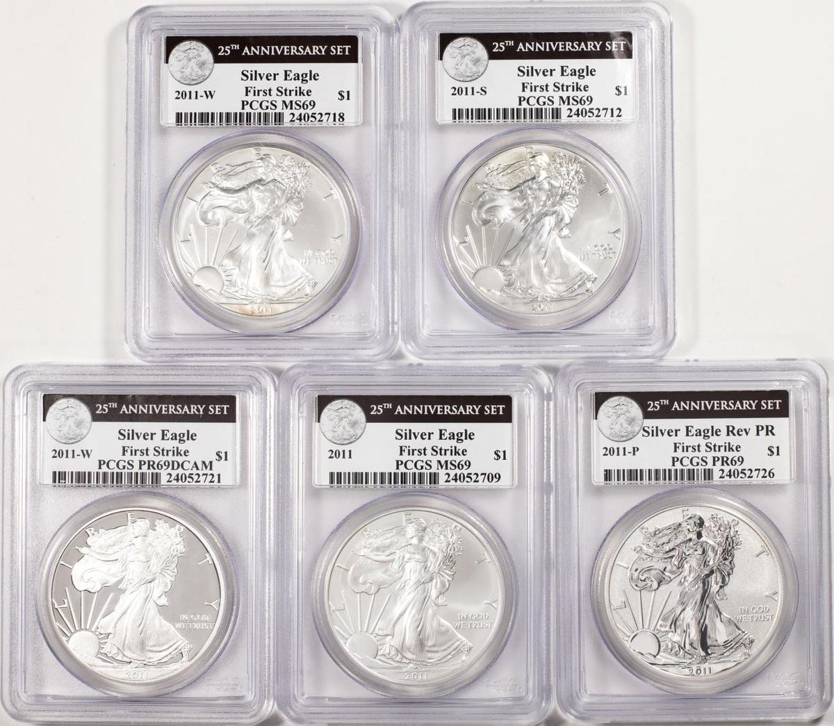 2011 $1 American Silver Eagle (5) Coin 25th Anniv. Set PCGS MS69/PR69 First Strike