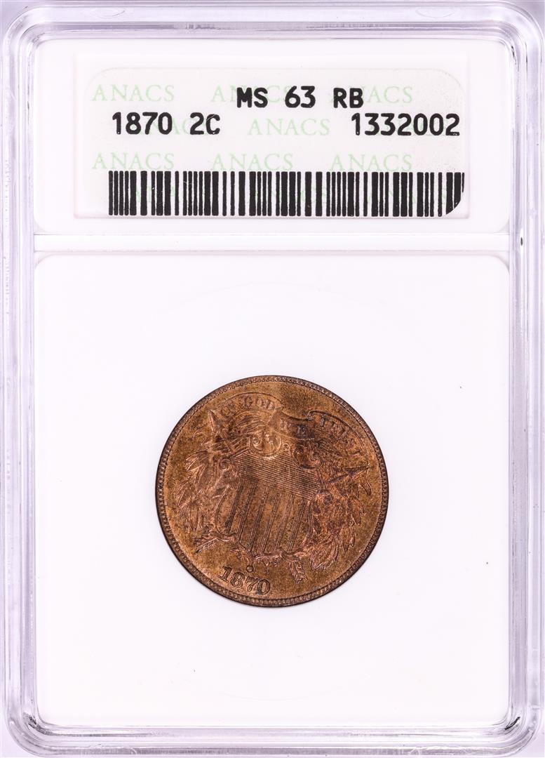 1870 Shield Two Cent Piece Coin ANACS MS63RB