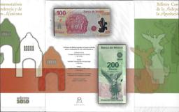 2010 Mexico 100 & 200 Pesos Commemorative Uncirculated Bank Notes in Folder