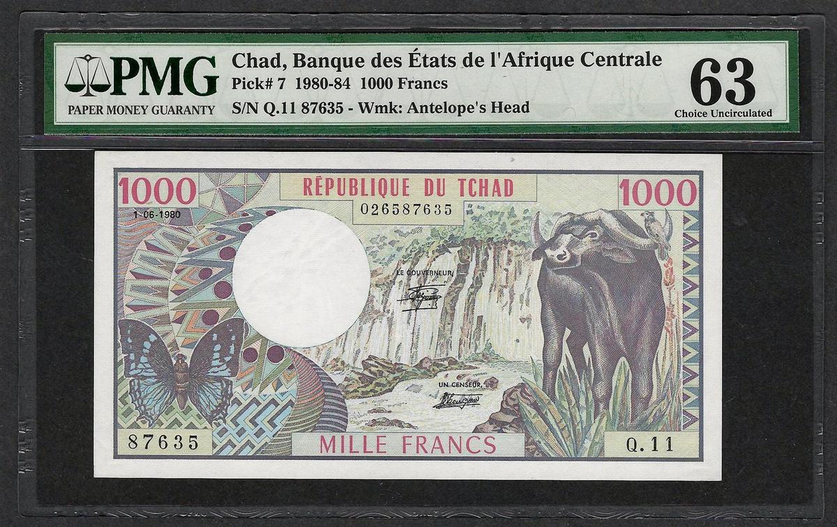 1980-84 Banque Etats Chad Africa 1000 Francs Note Pick# 7 PMG Choice Uncirculated 63