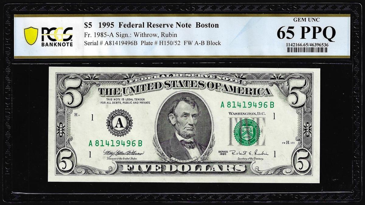 1995 $5 Federal Reserve Note Boston Fr.1985-A PCGS Gem Uncirculated 65PPQ