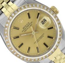 Rolex Mens Two Tone Champagne Index Diamond Datejust Wristwatch With Rolex Box