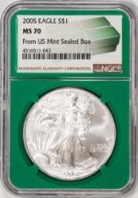 2005 $1 American Silver Eagle Coin NGC MS70 From US Mint Sealed Box Green Core