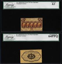 Lot of (2) Specimen 1st Issue 25 Cent Fractional Notes Legacy Choice New 63 & 64PPQ