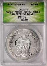 2022 $5 Palau Proof Chris Farley Silver Coin ANACS PF69DCAM